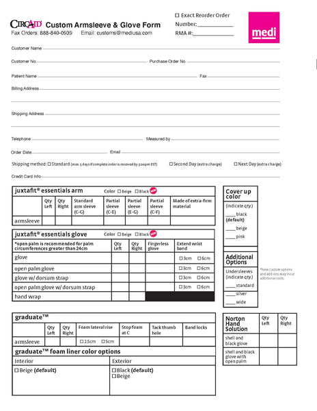 CIRCAID CUSTOM UPPER EXTREMITY MEASURING FORM