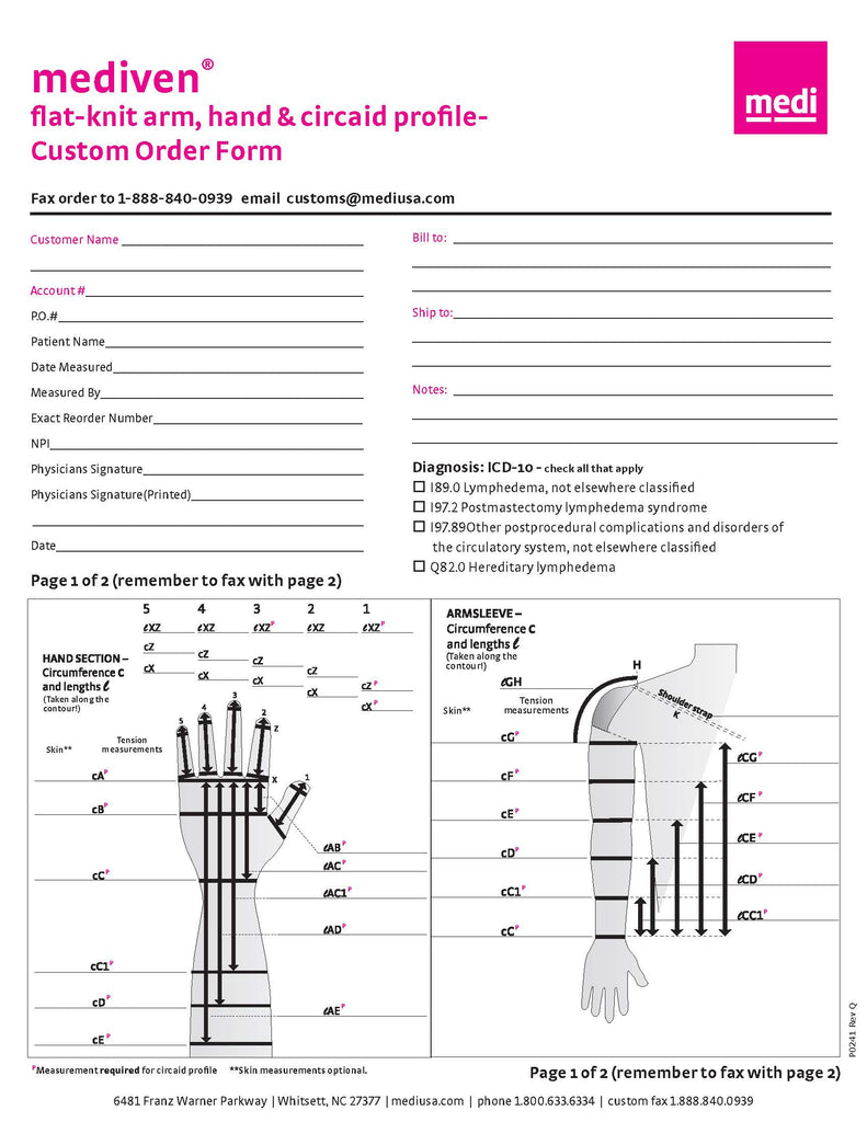 FLAT-KNIT UPPER EXTREMITY CUSTOM ORDER/MEASURING FORM (Qty. 25)