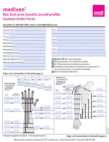 FLAT-KNIT UPPER EXTREMITY CUSTOM ORDER/MEASURING FORM (Qty. 25)