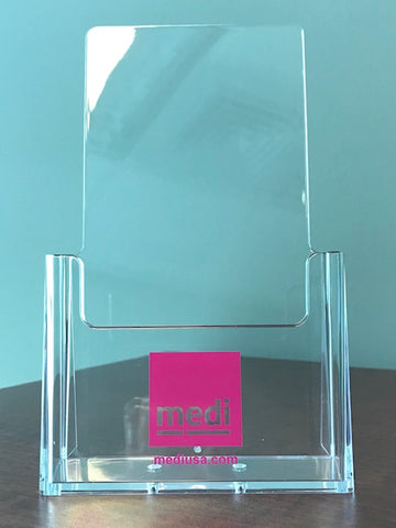 CLEAR PLASTIC TRIFOLD BROCHURE HOLDER w/MEDI LOGO